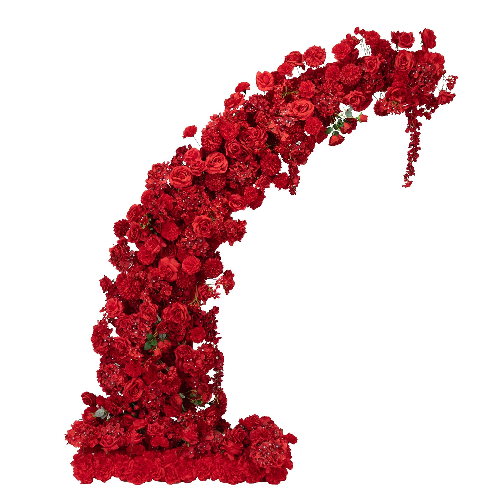 Red floral backdrop for a wedding arch, featuring roses, hydrangeas, and chrysanthemums.