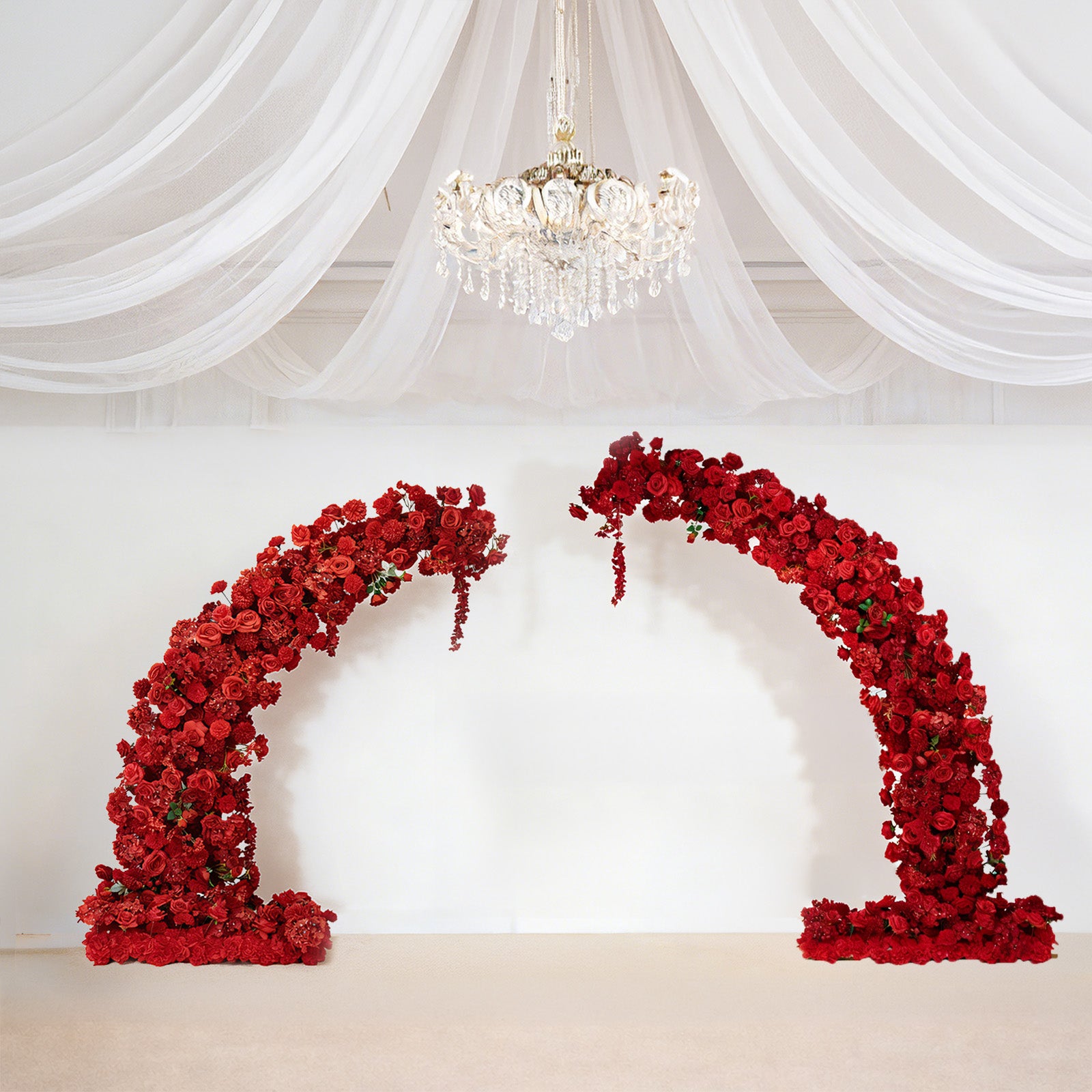 Red floral backdrop arch adorned with roses, hydrangeas, and chrysanthemums.