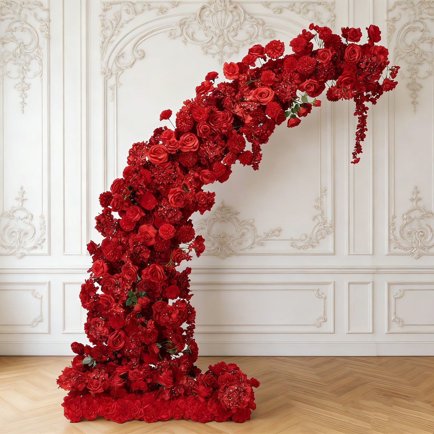Red floral backdrop for a wedding arch with roses and hydrangeas.