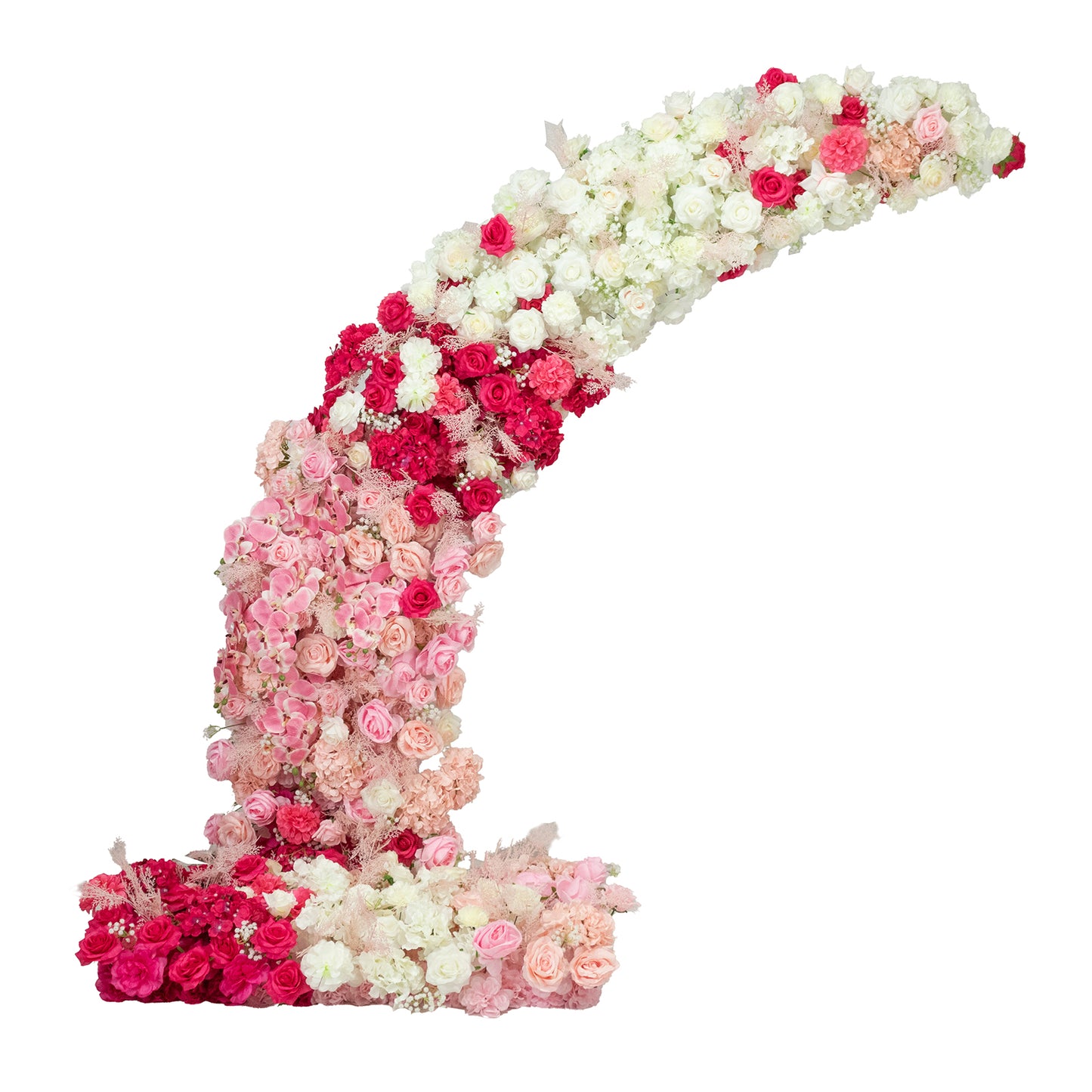 White and pink floral backdrop for a wedding arch.