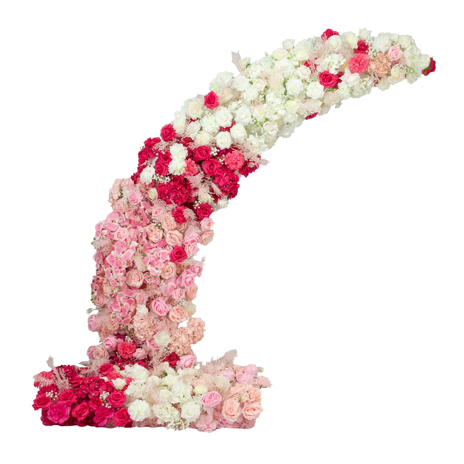 White and pink floral backdrop for a wedding arch.