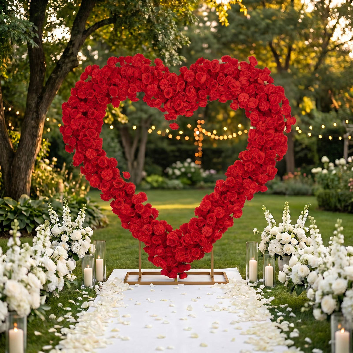 Heart Floral Arch Backdrop – 7ft Red Artificial Silk Rose, Peony & Hydrangea Flower Arrangement for 