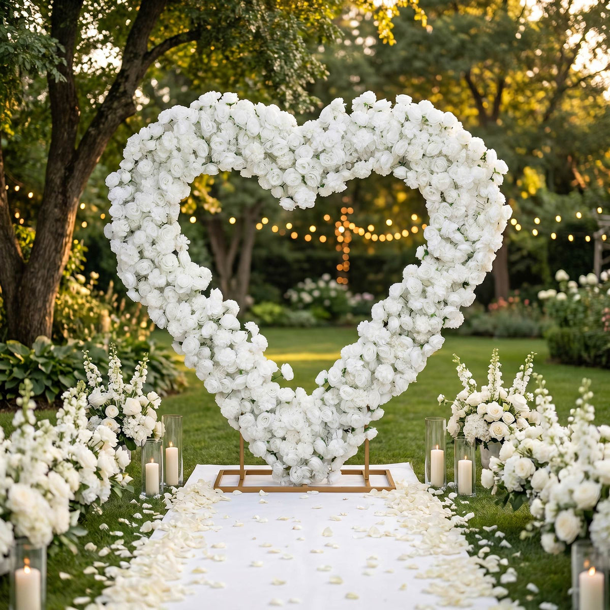 Heart Floral Arch Backdrop – 7ft White Artificial Silk Rose, Peony & Hydrangea Flower Arrangement fo