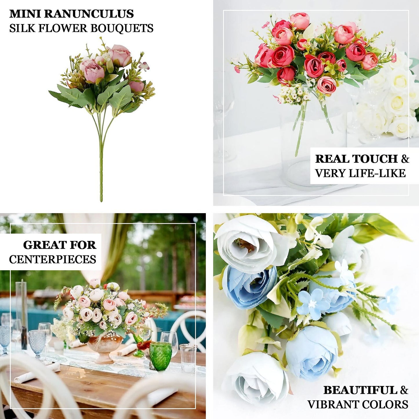 4 Pack 12" Artificial Dusty Rose Ranunculus Silk Flower Bridal Bouquets, Faux Buttercup Floral Arrangement