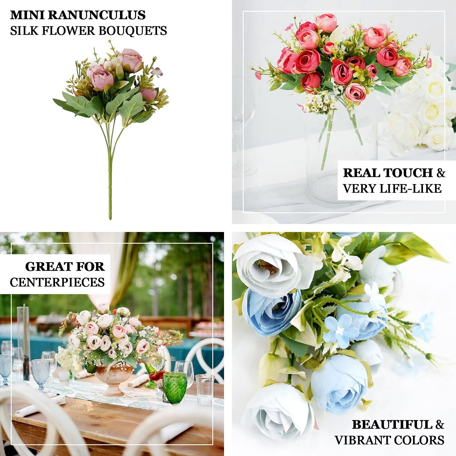 4 Pack 12" Artificial Dusty Rose Ranunculus Silk Flower Bridal Bouquets, Faux Buttercup Floral Arrangement