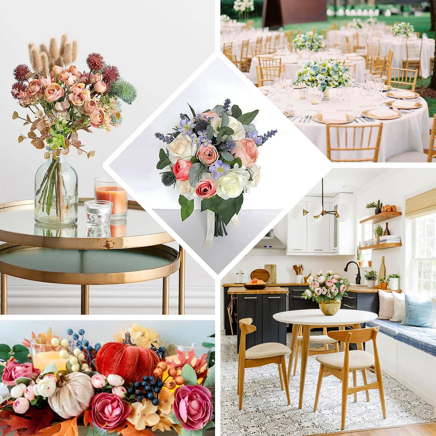 4 Pack 12" Artificial Dusty Rose Ranunculus Silk Flower Bridal Bouquets, Faux Buttercup Floral Arrangement