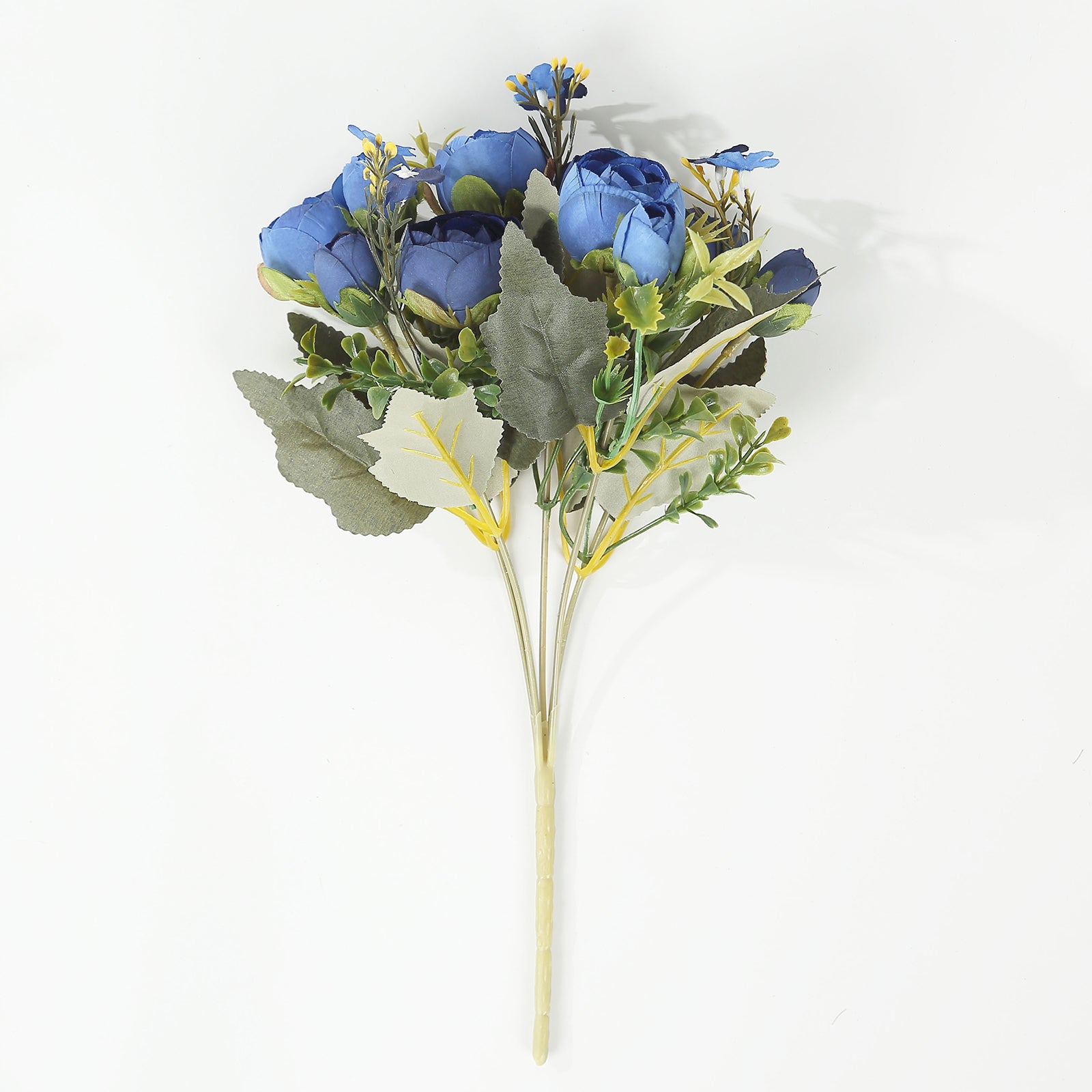 Navy blue artificial ranunculus silk flower bouquet with greenery.