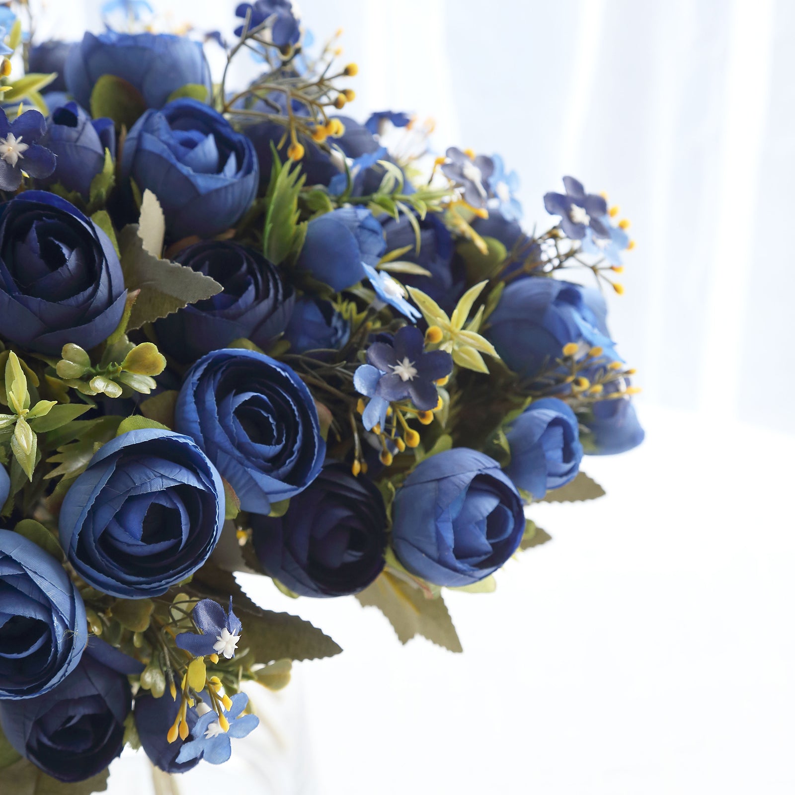 12" Navy Blue Ranunculus Silk Flower Bridal Bouquet, Faux Floral Arrangement.