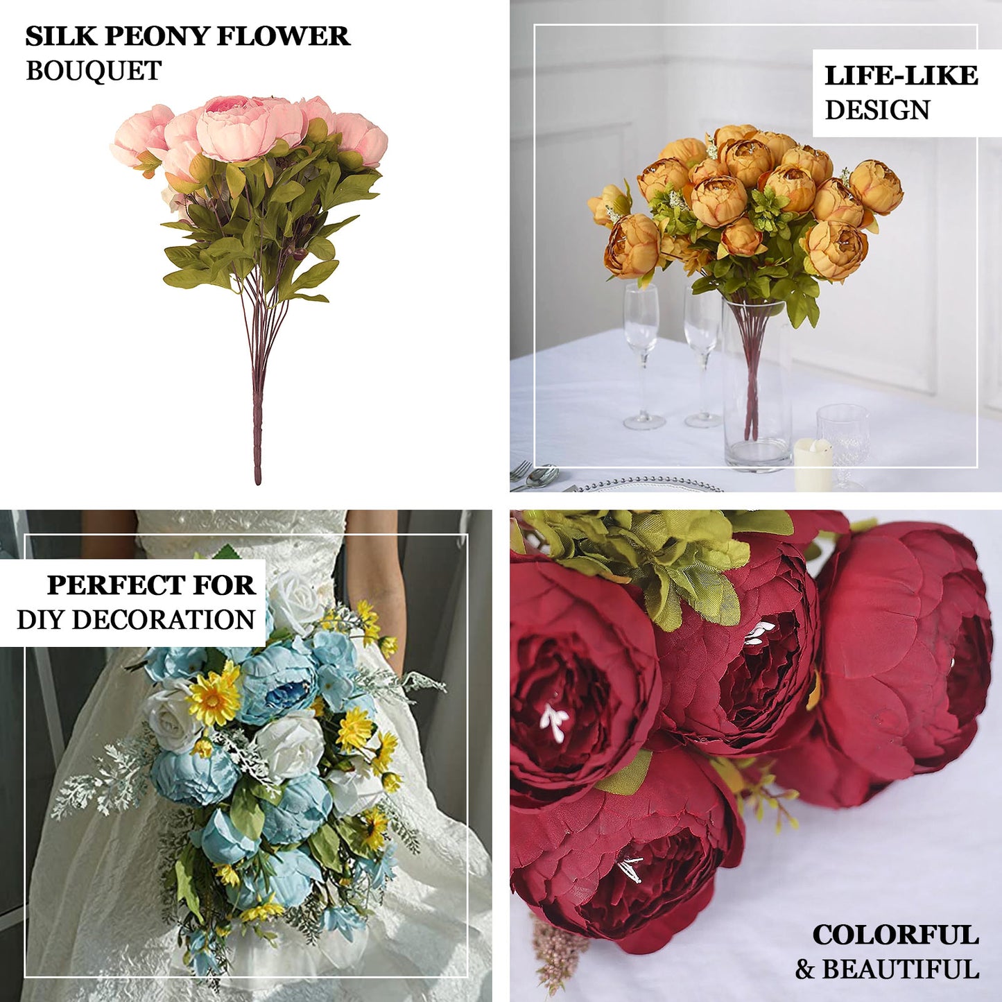 2 Pack | 19" Dusty Blue Artificial Peony Flower Wedding Bouquets, Faux Silk Flower Arrangements