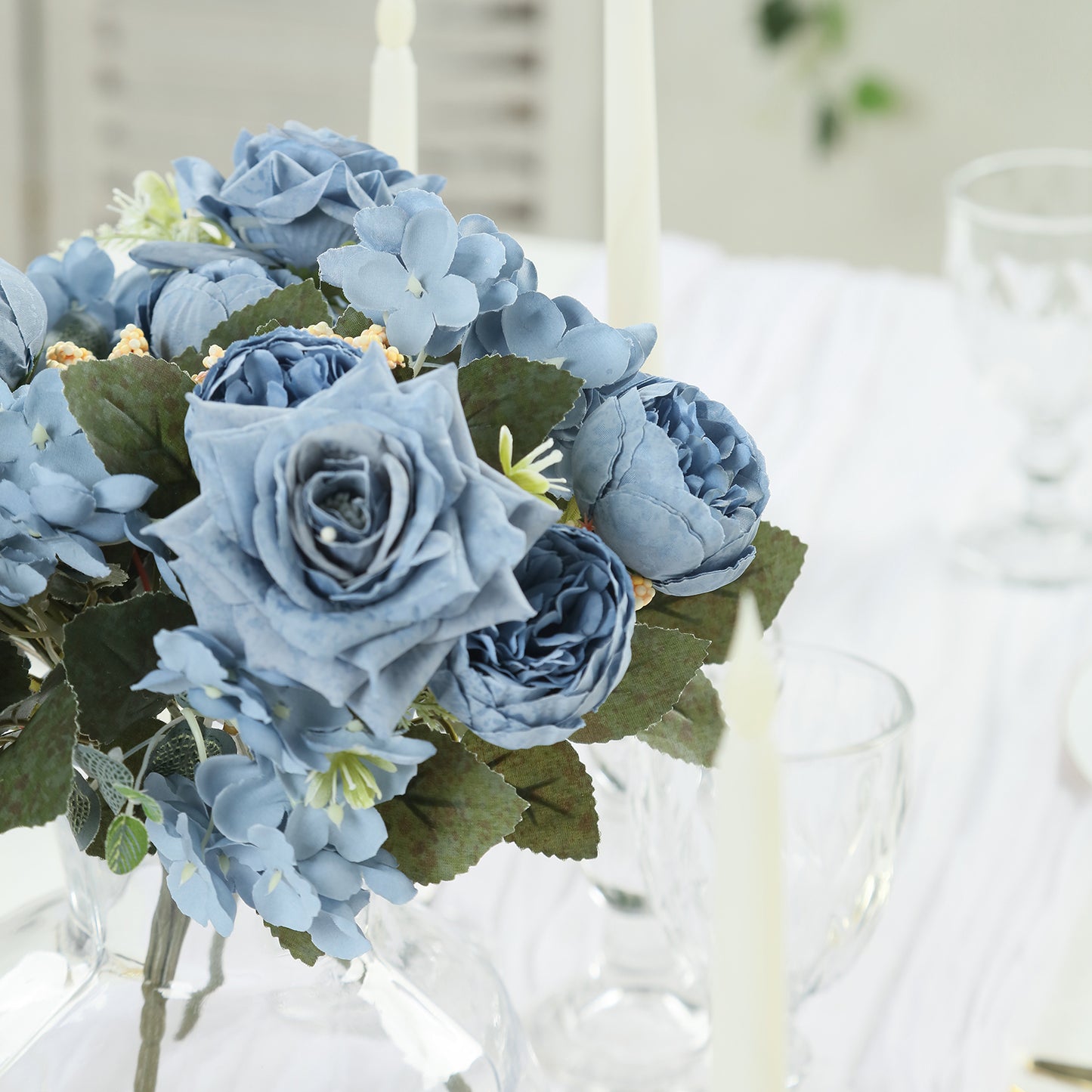2 Pack Artificial Rose & Peony Floral Arrangements – 12" Dusty Blue Silk Bouquets for Weddings & Home Décor