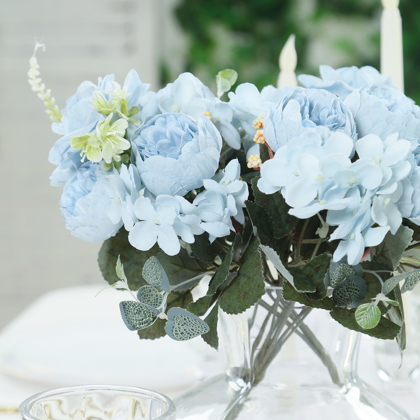2 Pack Artificial Rose & Peony Floral Arrangements – 12" Light Blue Silk Bouquets for Weddings & Home Décor