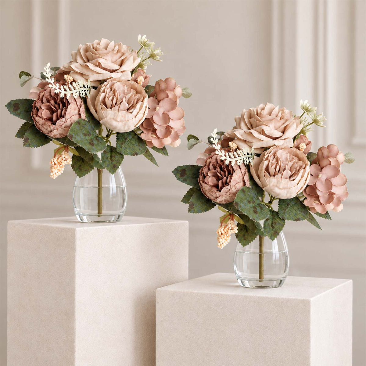2 Pack Artificial Rose & Peony Floral Arrangements – 12" Natural Silk Bouquets for Weddings & Home D
