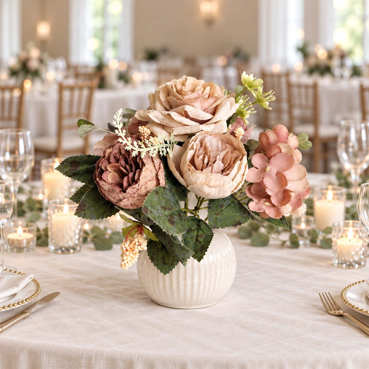 2 Pack Artificial Rose & Peony Floral Arrangements – 12" Natural Silk Bouquets for Weddings & Home D