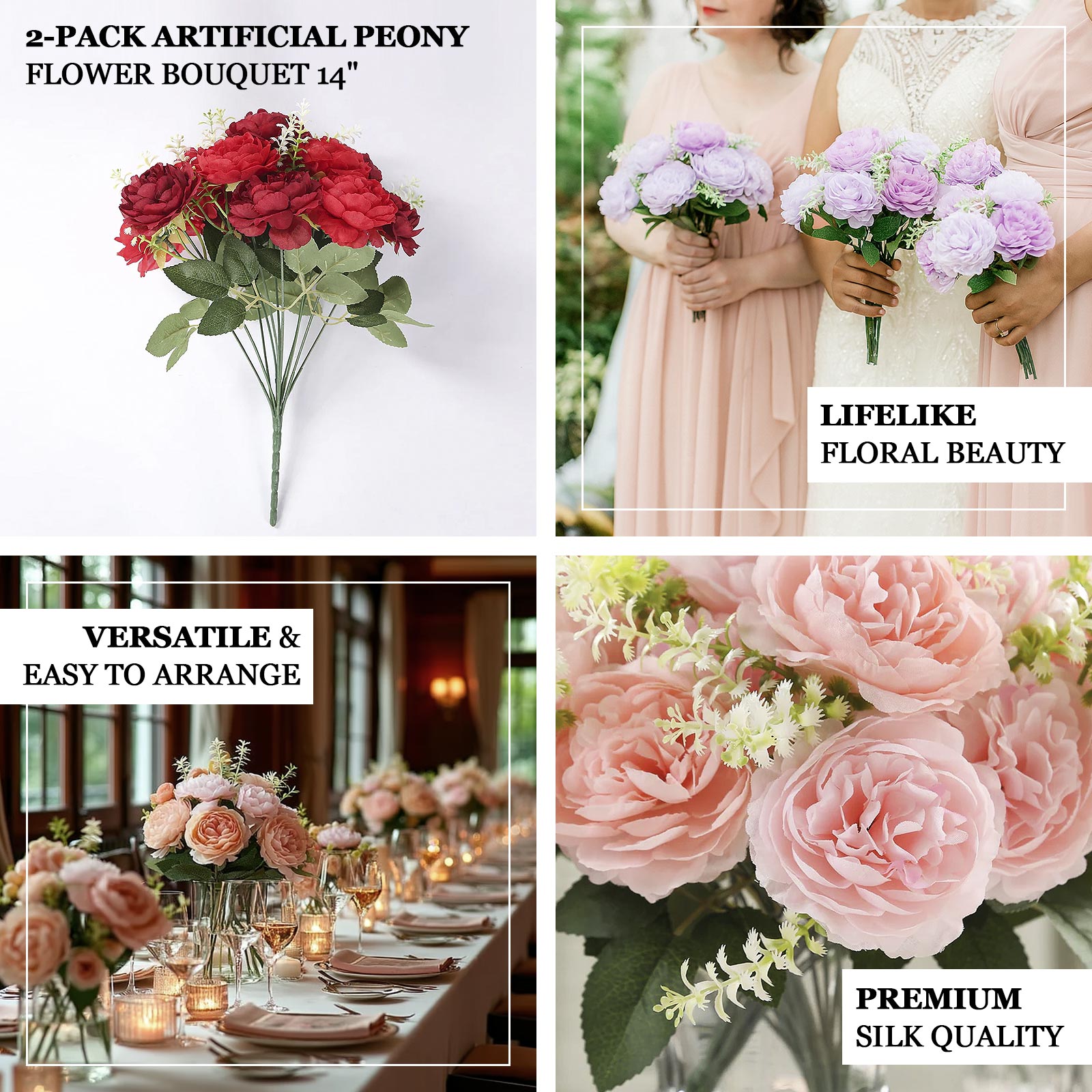 2-Pack Silk Peony Bouquet 14" – Lifelike Artificial Flower Arrangement