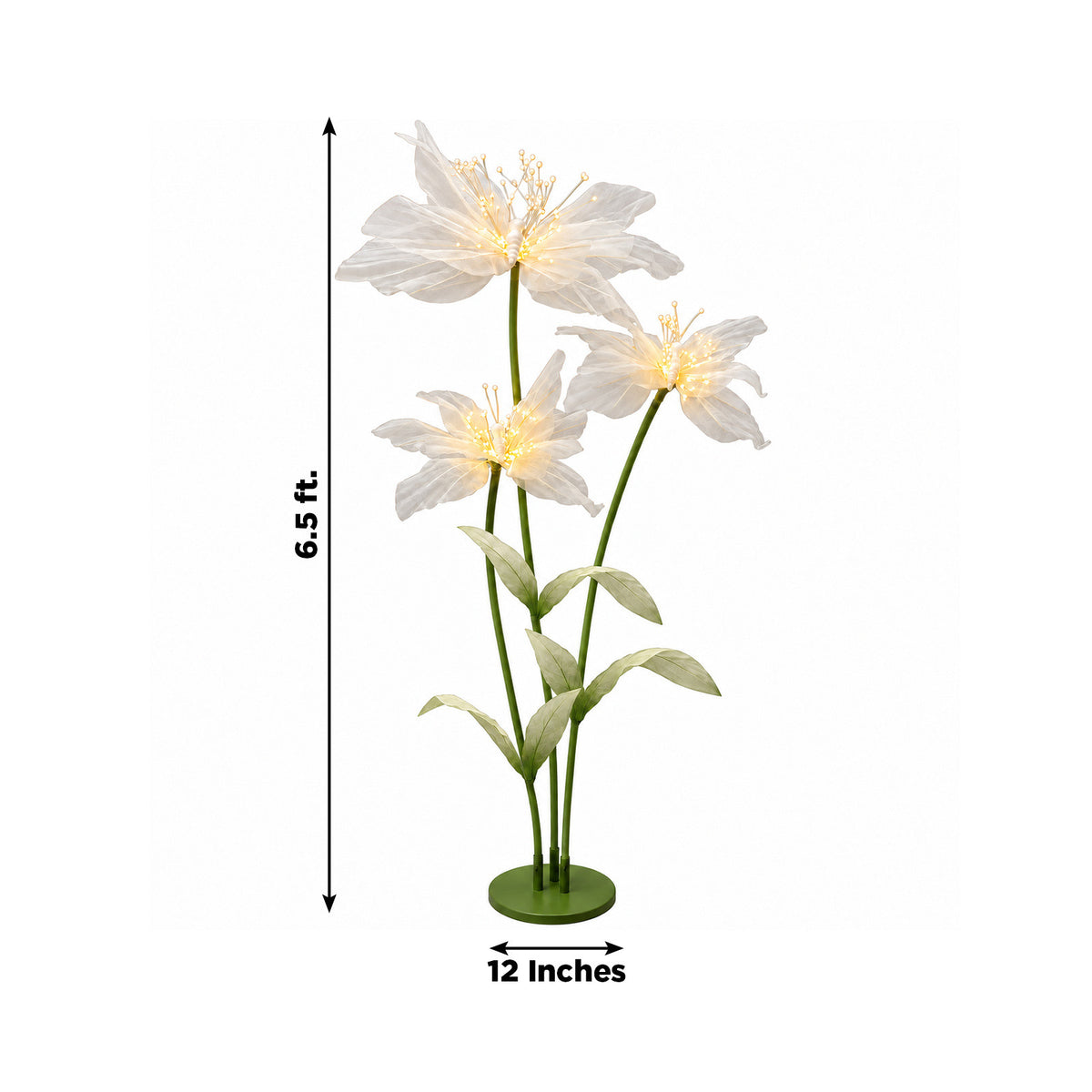 6.5ft White Lighted Silk Butterfly Flower Arrangement – 3-Bloom Netted-Silk Sheer Floral Decor with 