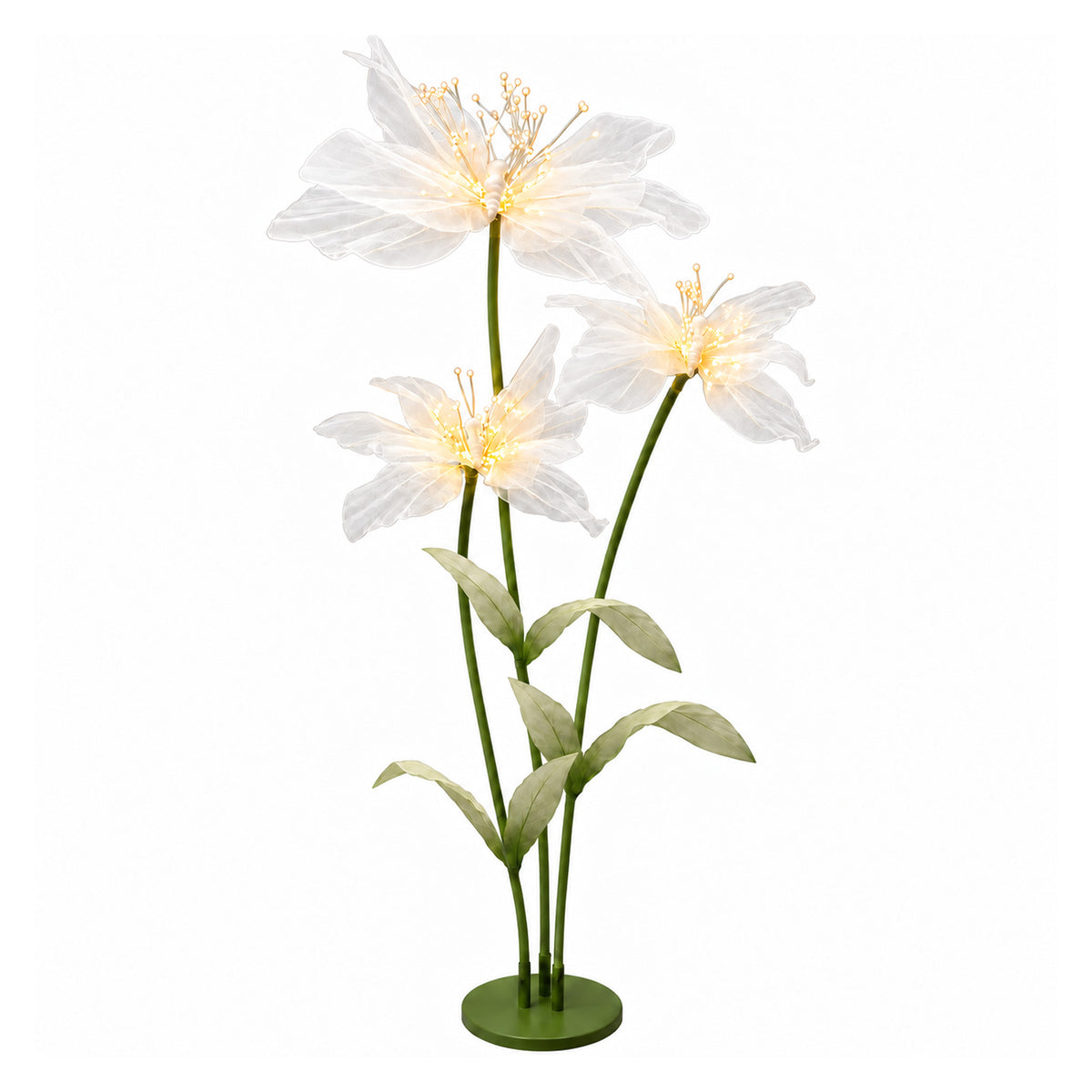 6.5ft White Lighted Silk Butterfly Flower Arrangement – 3-Bloom Netted-Silk Sheer Floral Decor with 