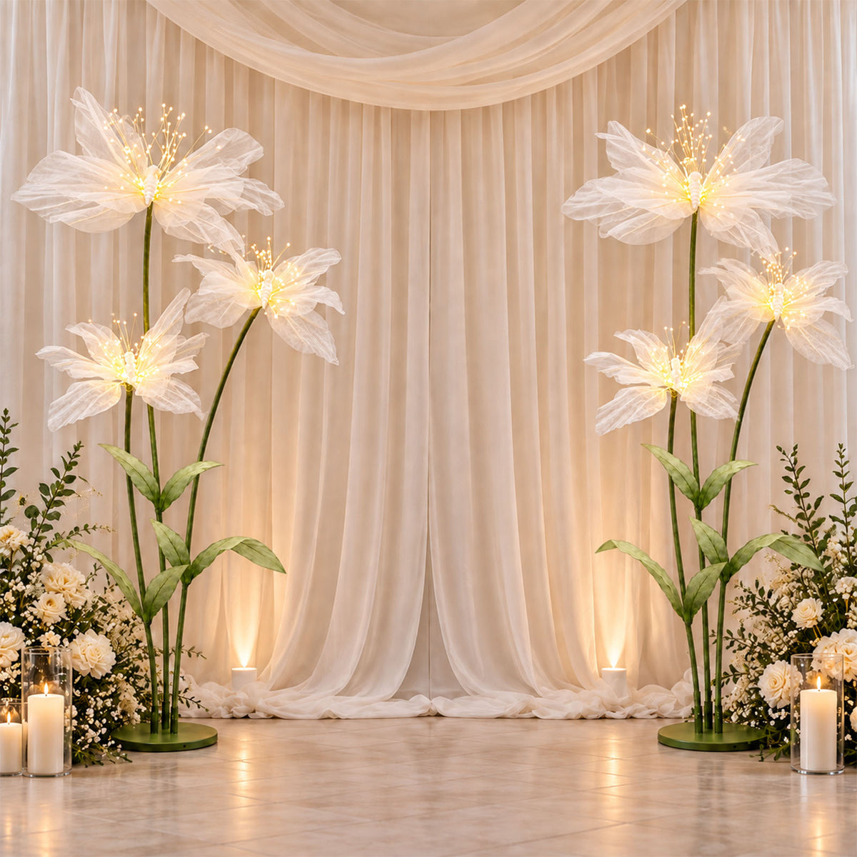 6.5ft White Lighted Silk Butterfly Flower Arrangement – 3-Bloom Netted-Silk Sheer Floral Decor with 