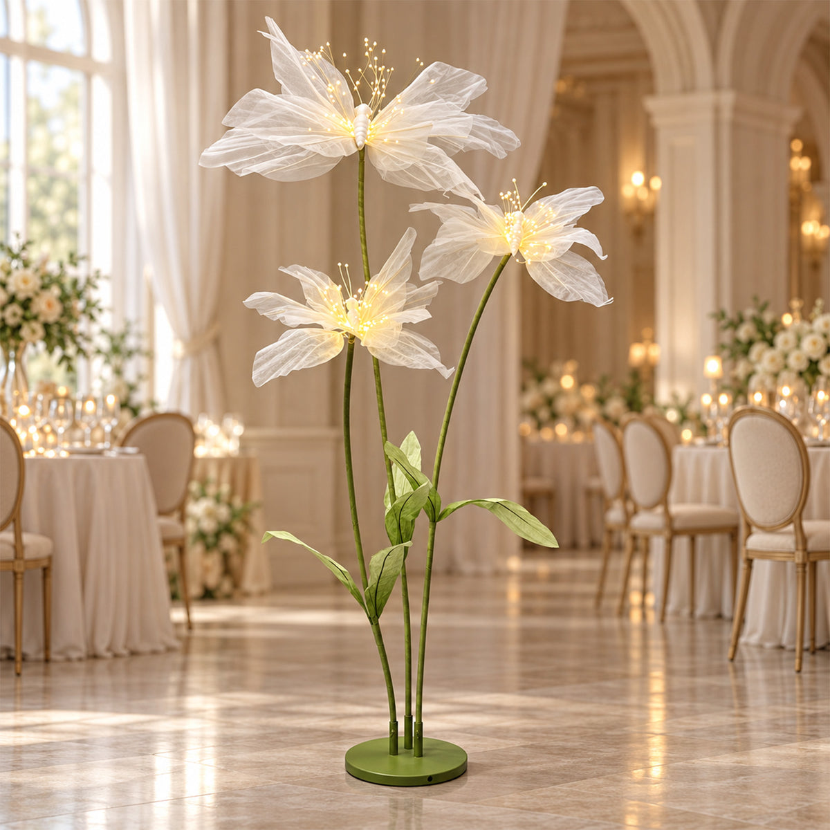 6.5ft White Lighted Silk Butterfly Flower Arrangement – 3-Bloom Netted-Silk Sheer Floral Decor with 