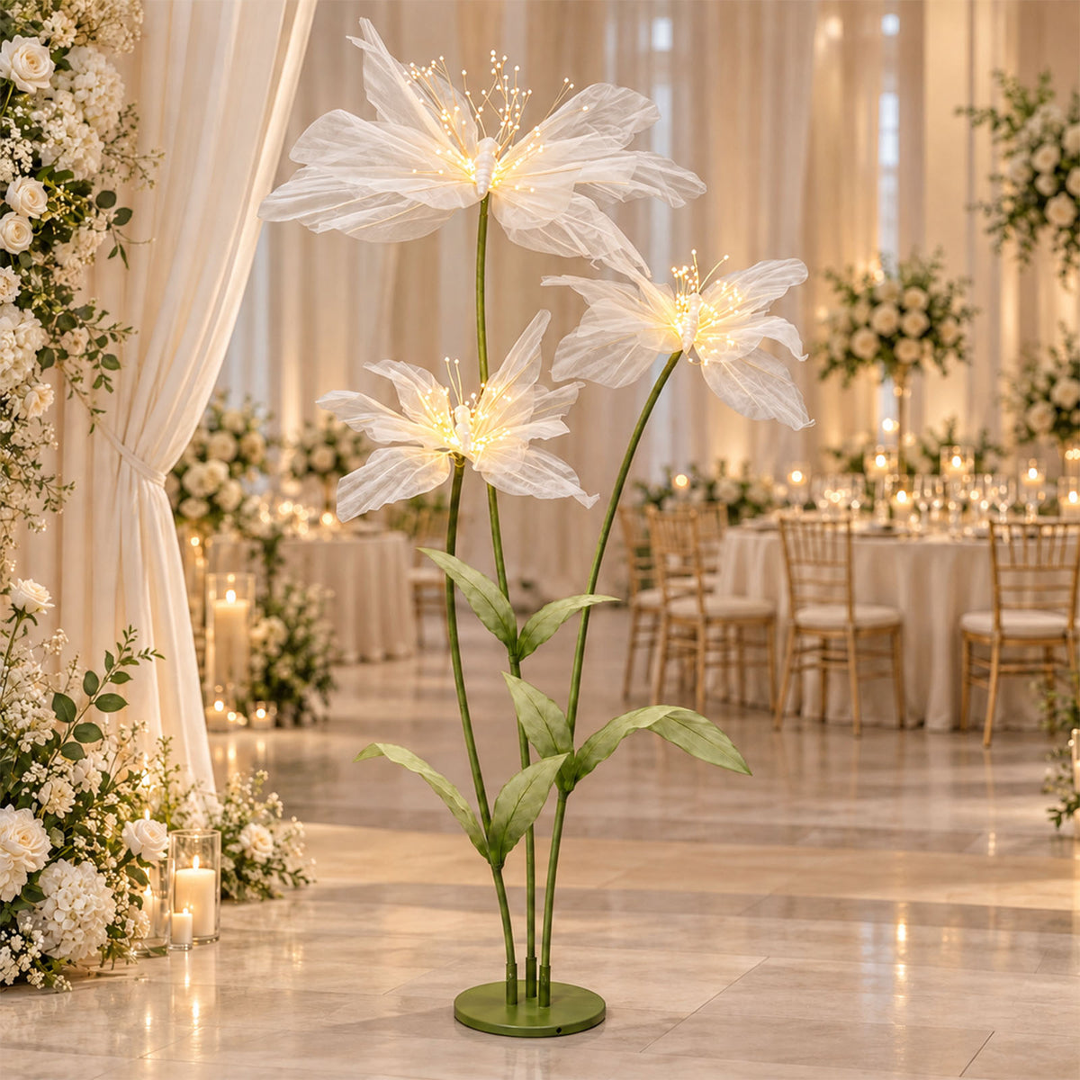 6.5ft White Lighted Silk Butterfly Flower Arrangement – 3-Bloom Netted-Silk Sheer Floral Decor with 