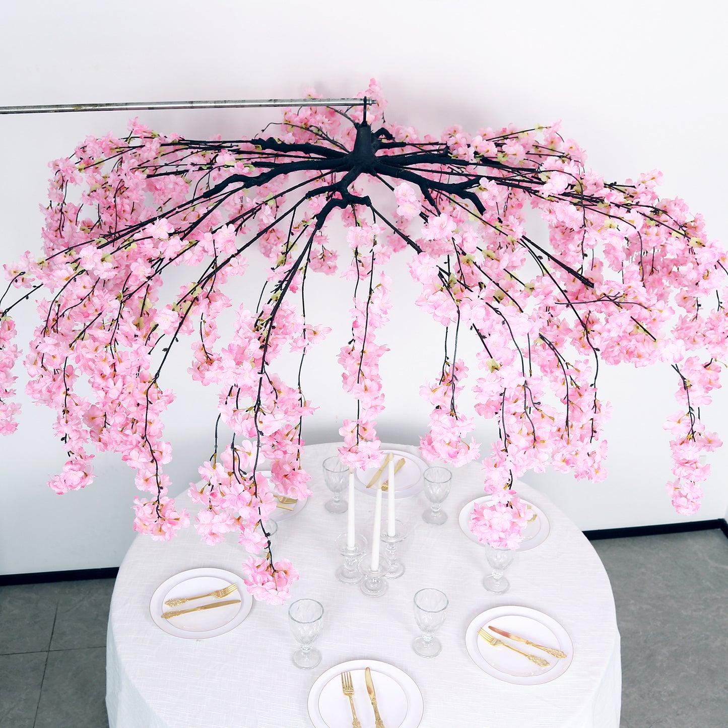 Cherry Blossom Hanging Floral Chandelier 60" Blush – Artificial Silk Flower Ceiling Canopy with Inte