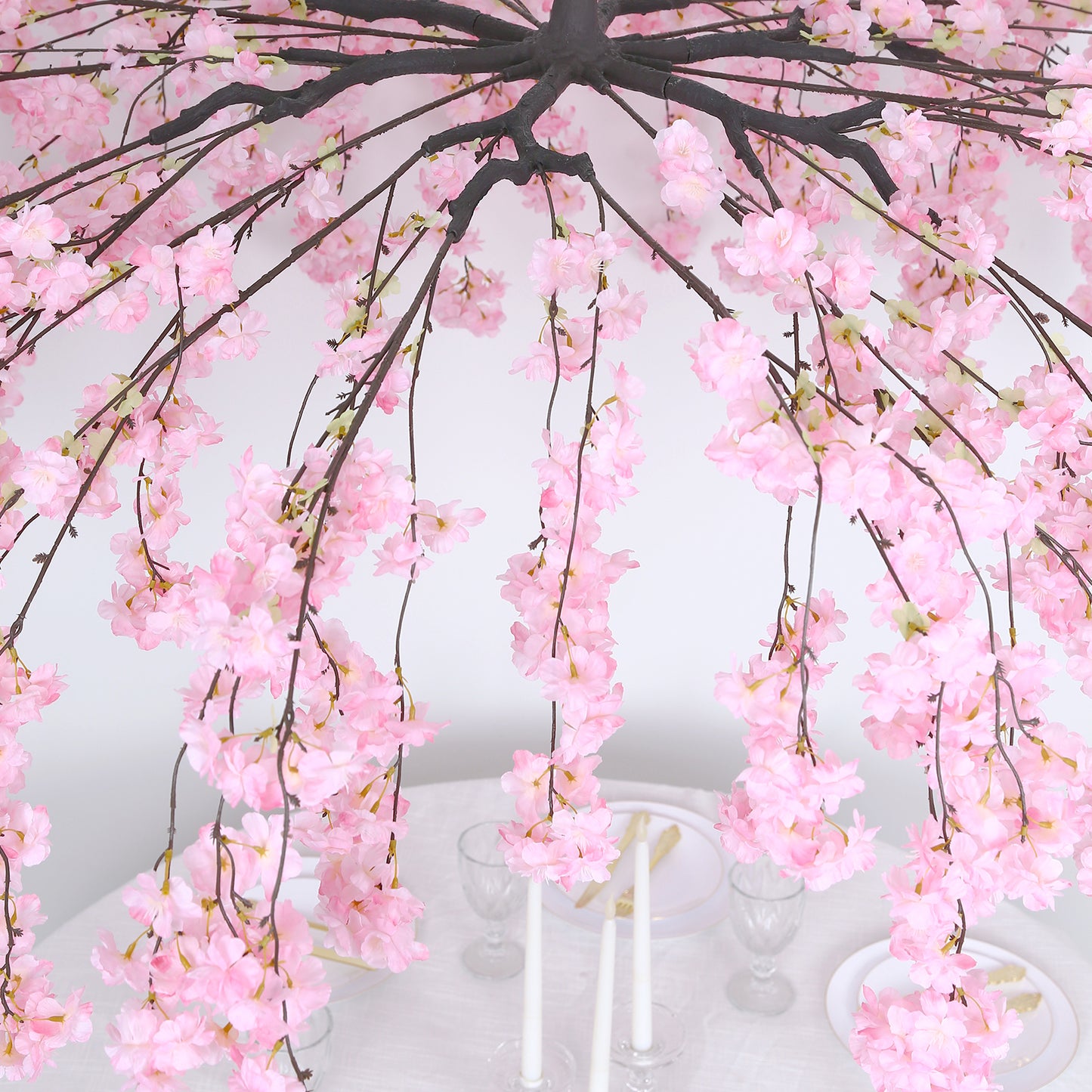 Cherry Blossom Hanging Floral Chandelier 60" Blush – Artificial Silk Flower Ceiling Canopy with Inte