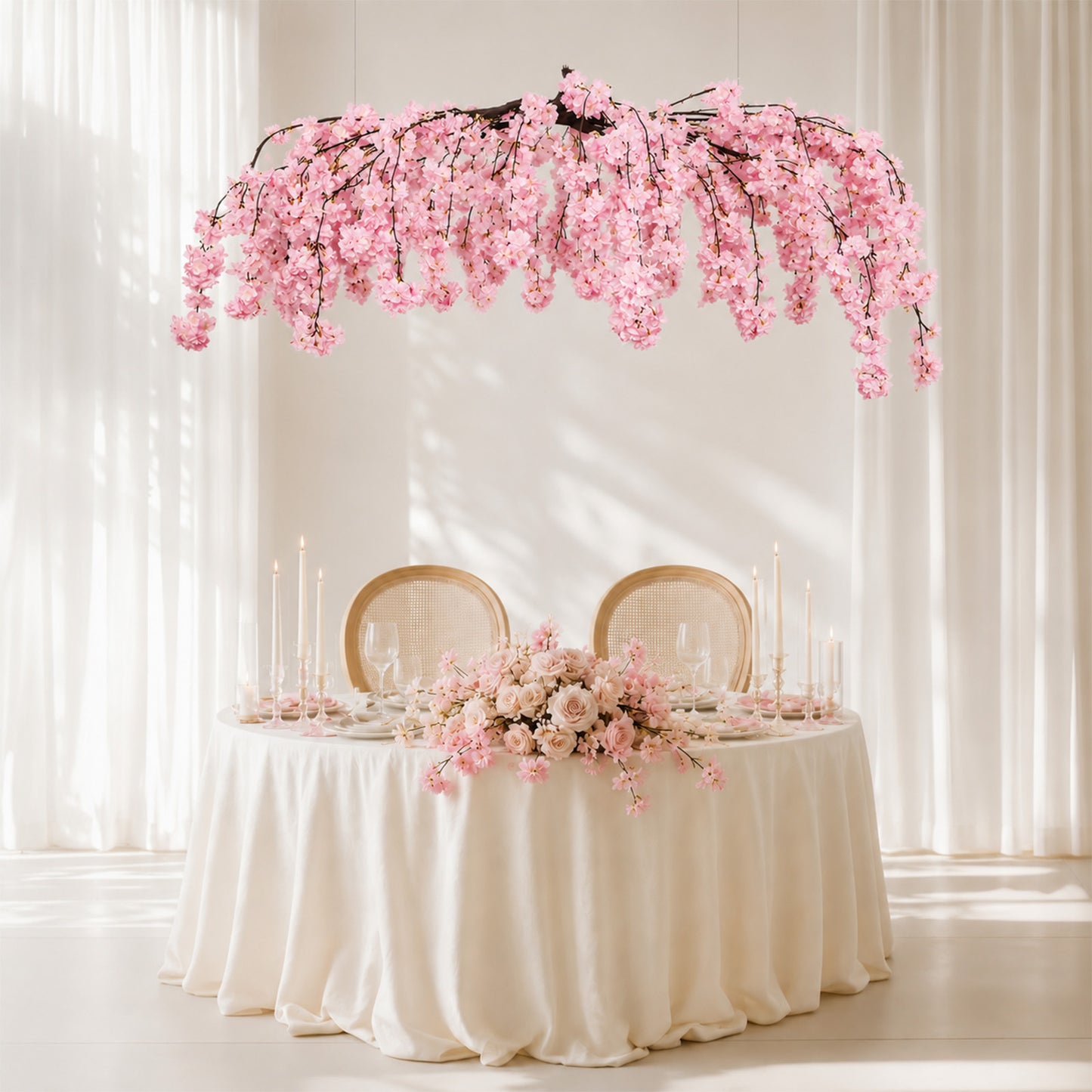 Cherry Blossom Hanging Floral Chandelier 60" Blush – Artificial Silk Flower Ceiling Canopy with Inte