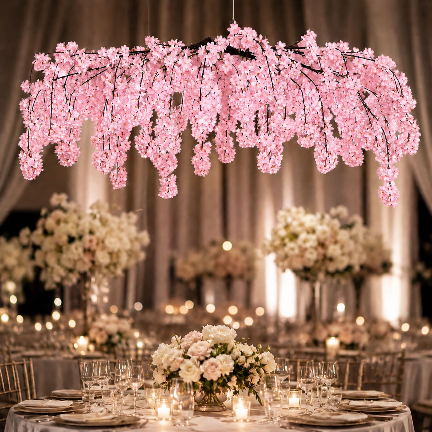 Cherry Blossom Hanging Floral Chandelier 60" Blush – Artificial Silk Flower Ceiling Canopy with Inte