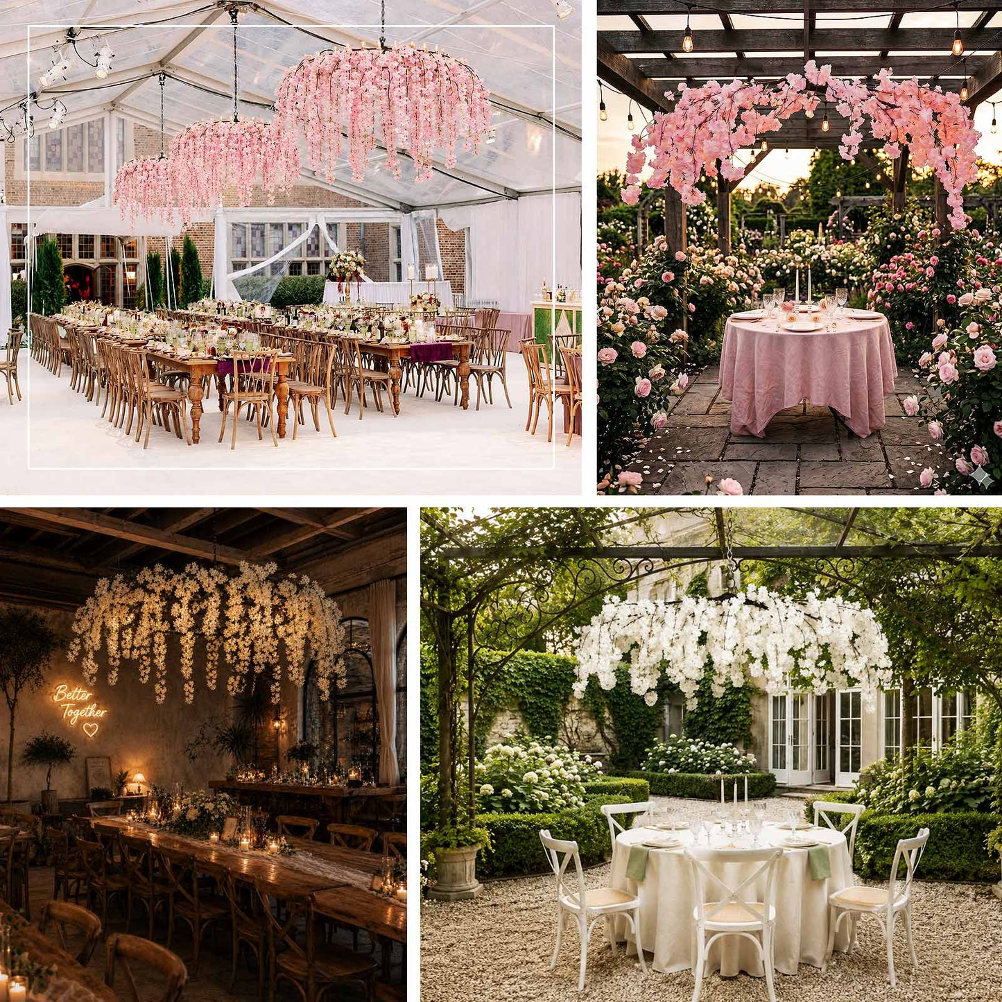 Faux cherry blossom ceiling décor for weddings, receptions, and romantic outdoor dining setups
