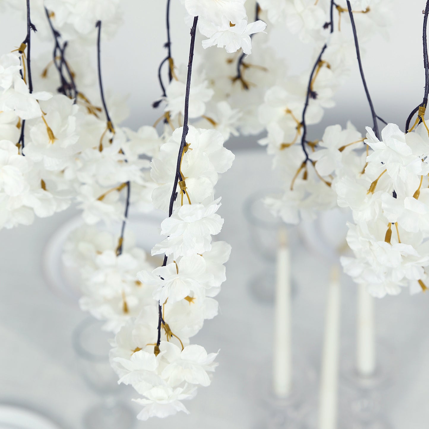 Cherry Blossom Hanging Floral Chandelier 60" White – Artificial Silk Flower Ceiling Canopy with Inte