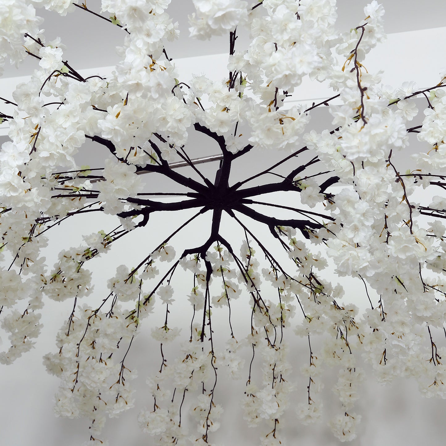 Cherry Blossom Hanging Floral Chandelier 60" White – Artificial Silk Flower Ceiling Canopy with Inte