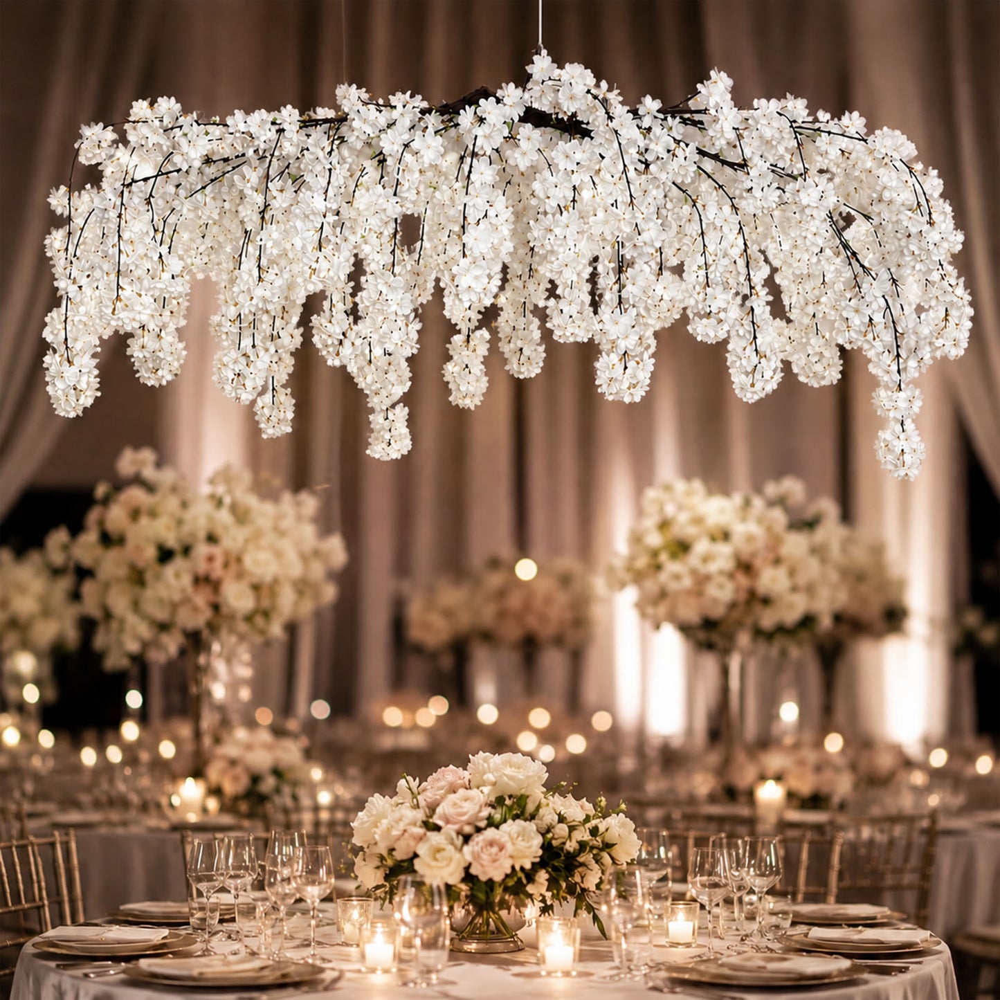 Cherry Blossom Hanging Floral Chandelier 60" White – Artificial Silk Flower Ceiling Canopy with Inte
