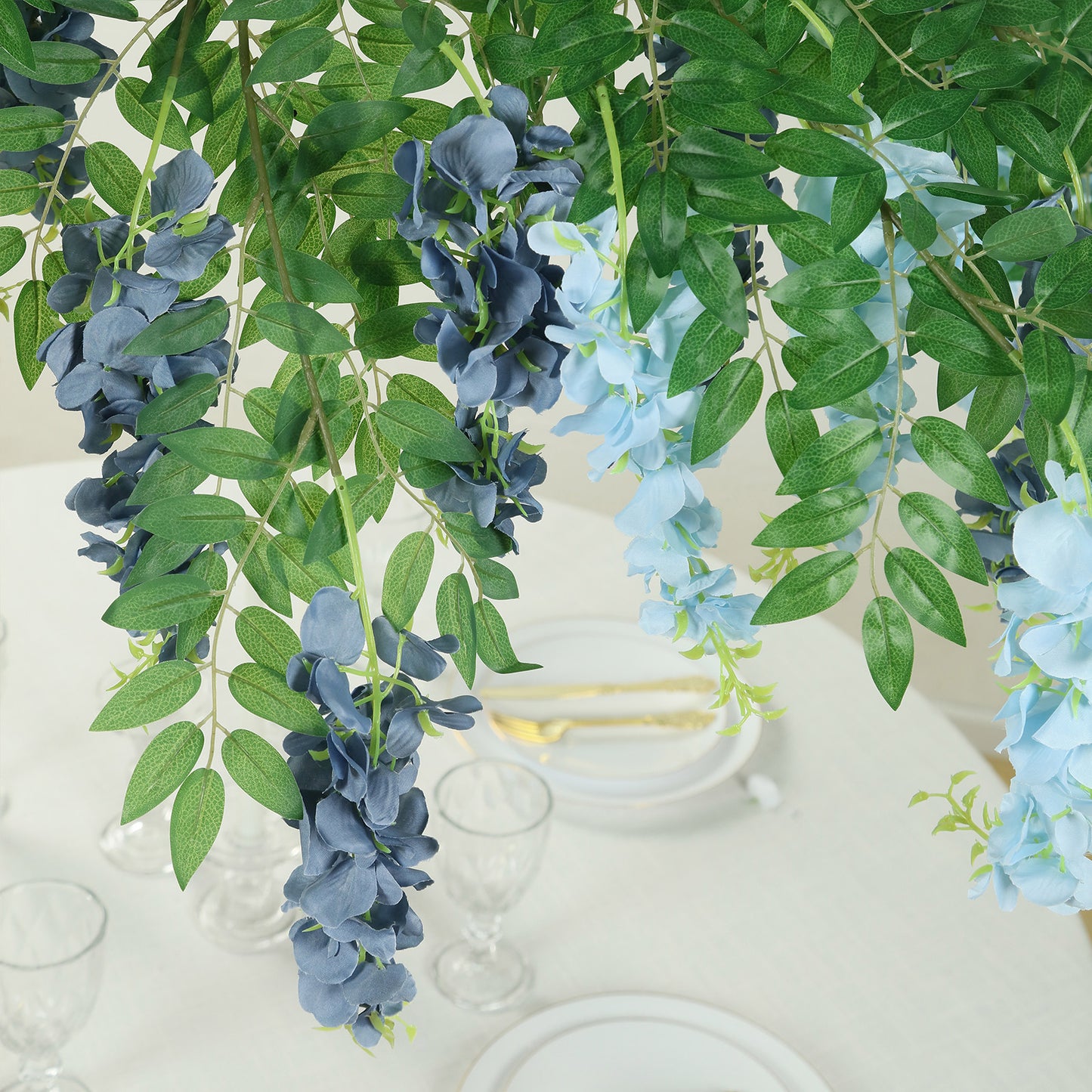 55" Artificial Silk Wisteria Vine Round Hanging Canopy in Dusty & Light Blue, Draping Garland Flower Chandelier With Interchangeable Branches