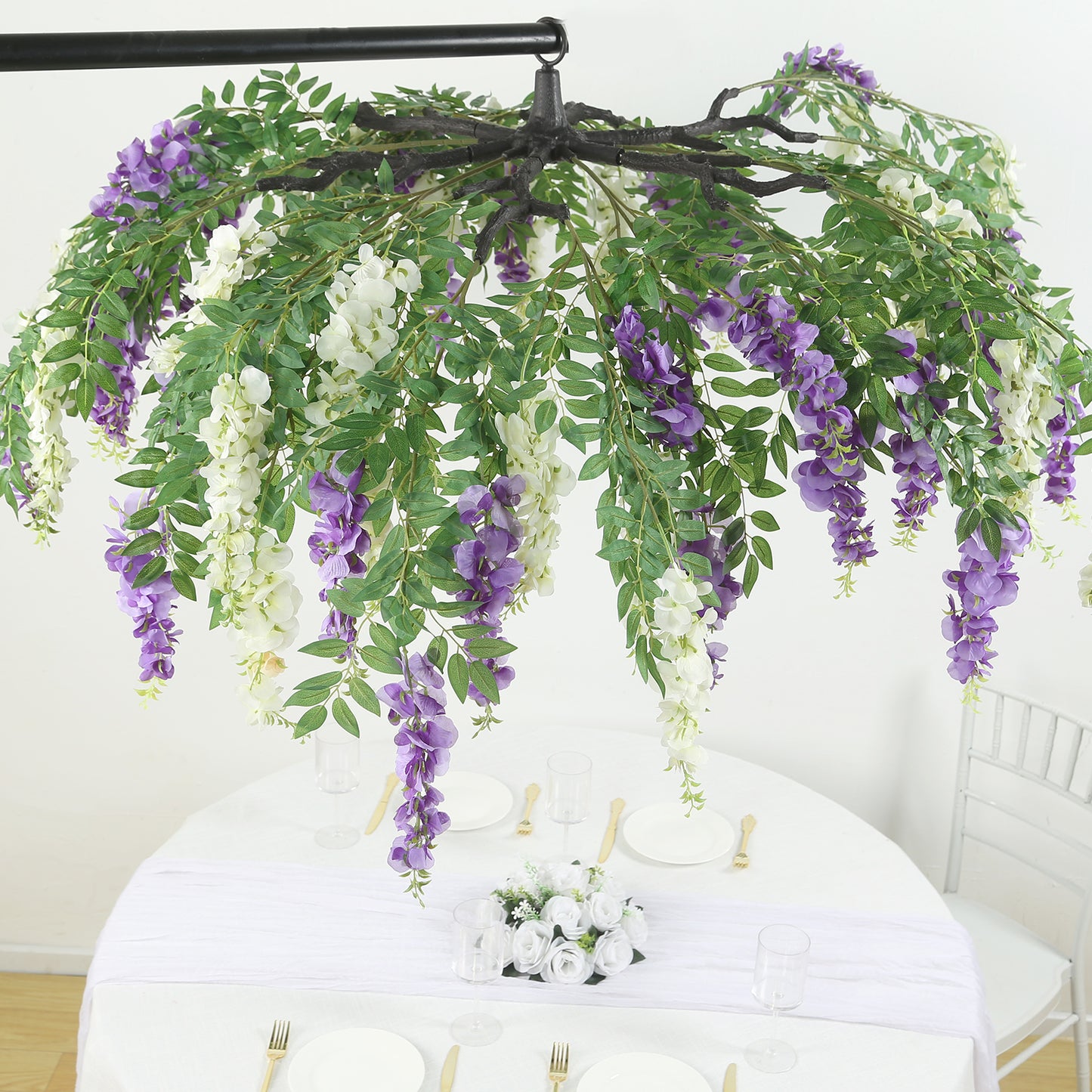 55" Cream Purple Artificial Silk Wisteria Vine Round Hanging Canopy, Draping Garland Flower Chandelier With Interchangeable Branches