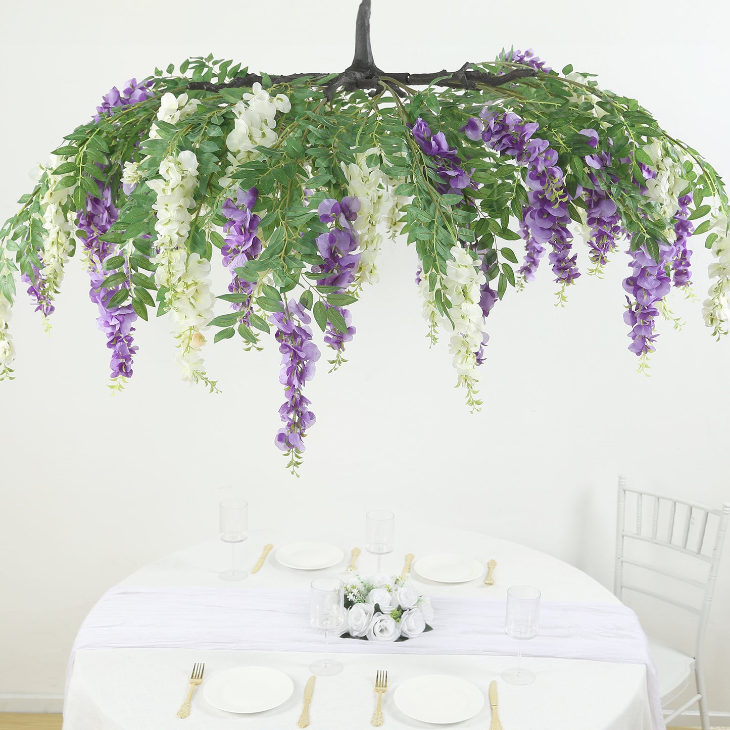 55" Cream Purple Artificial Silk Wisteria Vine Round Hanging Canopy, Draping Garland Flower Chandelier With Interchangeable Branches