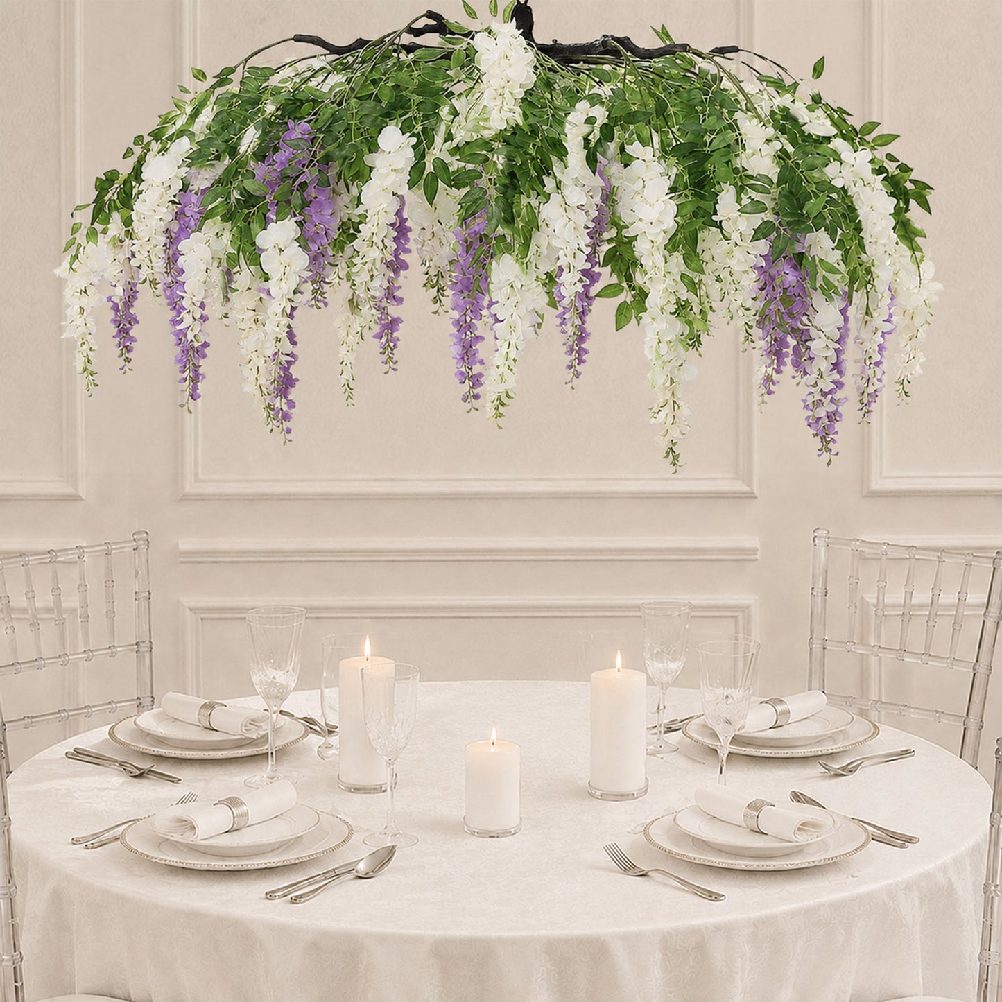 55" Cream Purple Artificial Silk Wisteria Vine Round Hanging Canopy, Draping Garland Flower Chandeli