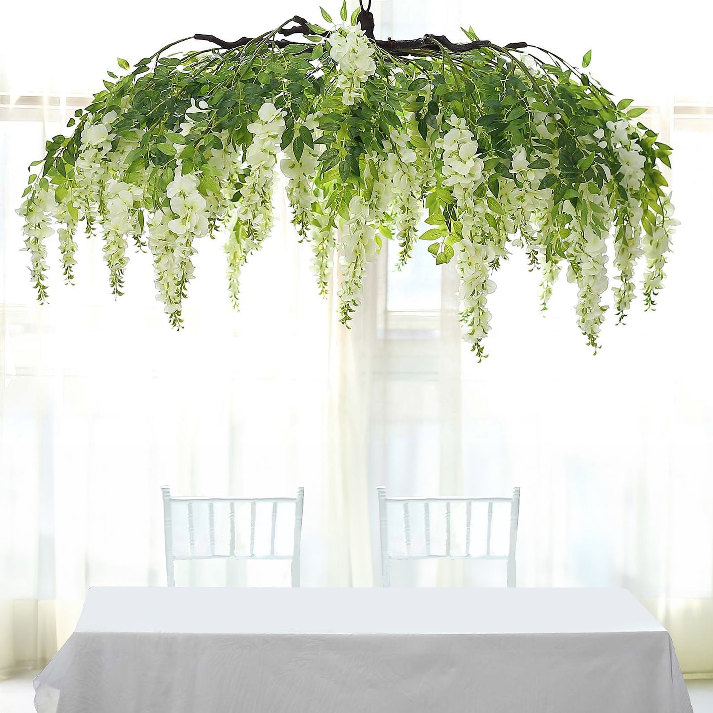 55" Cream Artificial Silk Wisteria Vine Round Hanging Canopy, Draping Garland Flower Chandelier With Interchangeable Branches