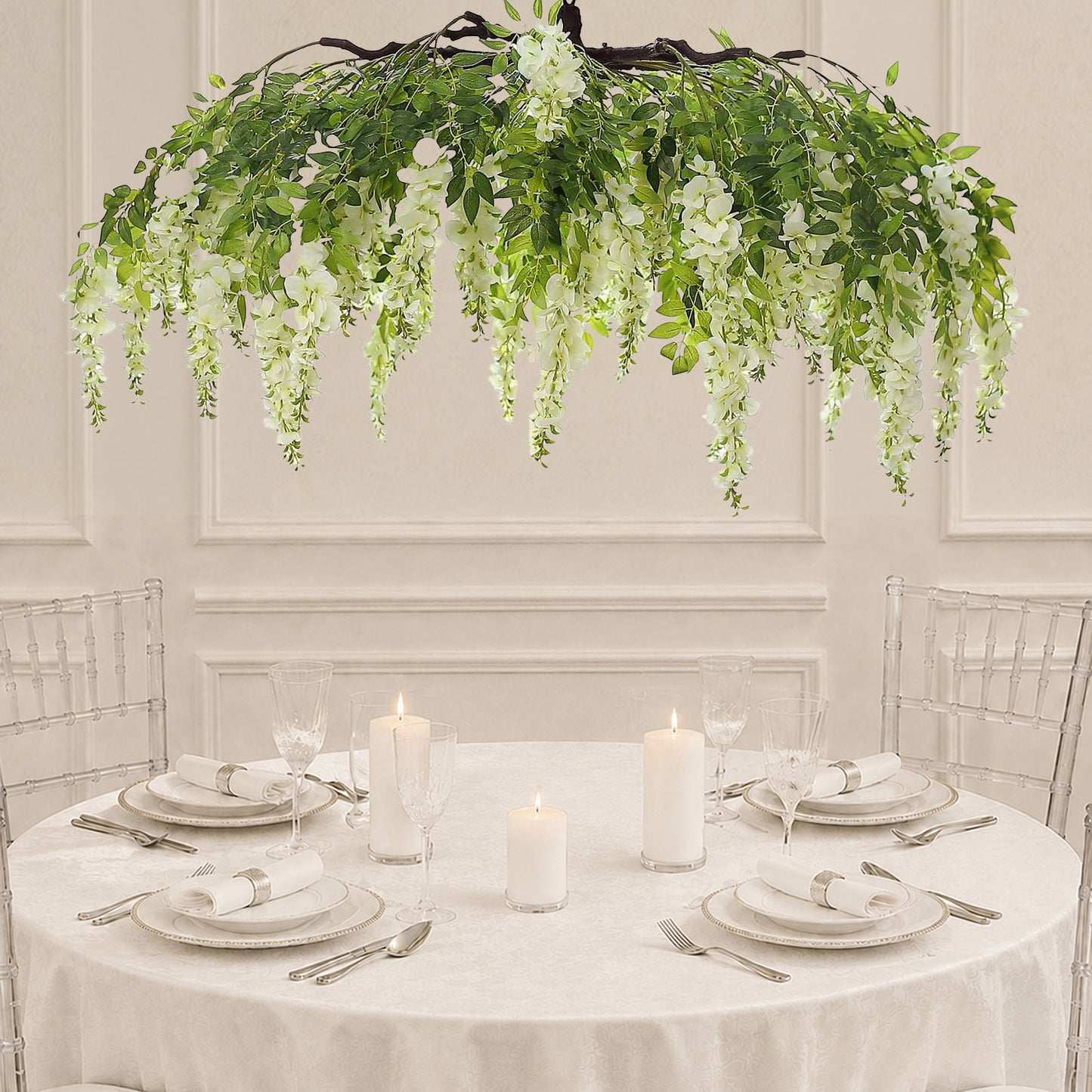 55" Cream Artificial Silk Wisteria Vine Round Hanging Canopy, Draping Garland Flower Chandelier With