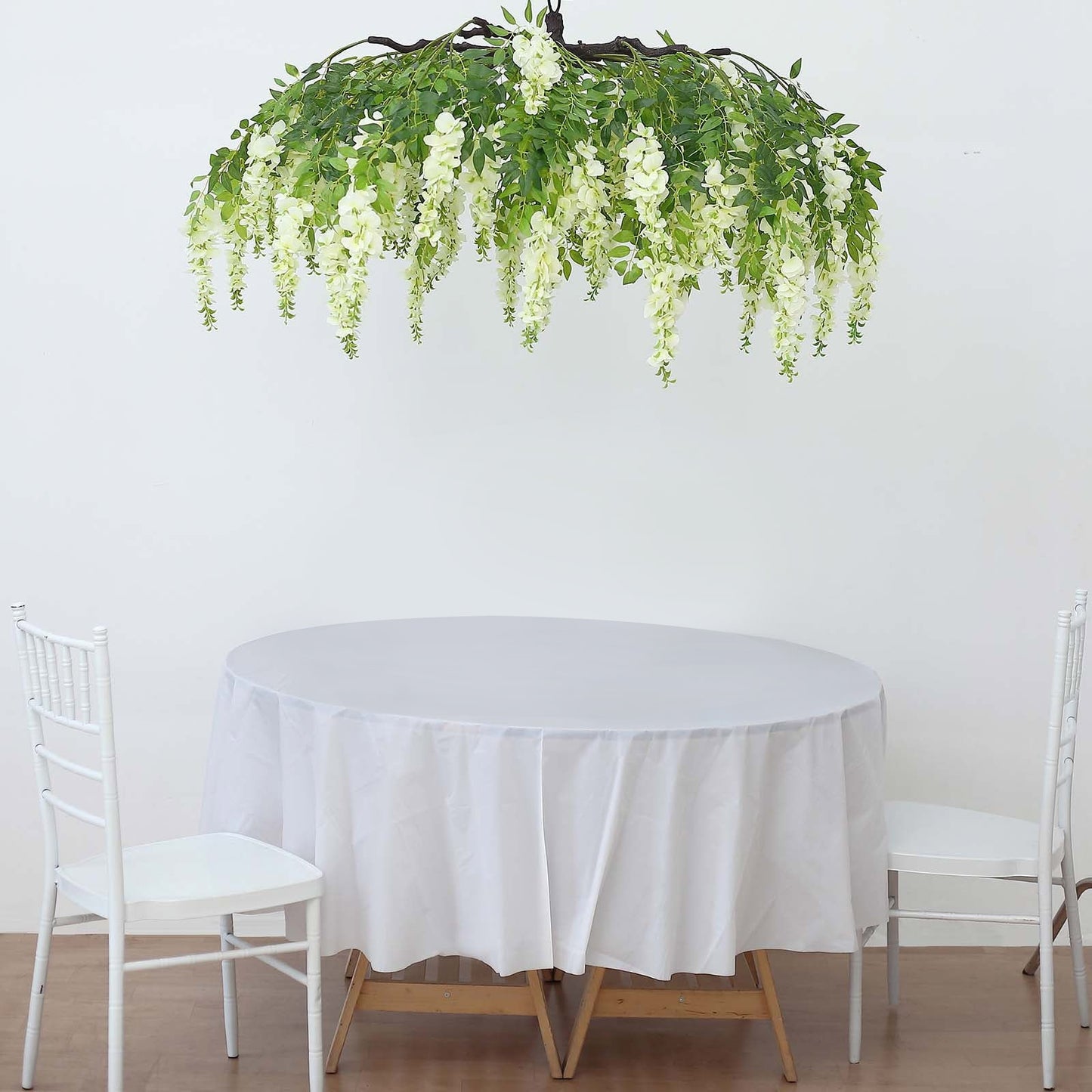 55" Cream Artificial Silk Wisteria Vine Round Hanging Canopy, Draping Garland Flower Chandelier With Interchangeable Branches