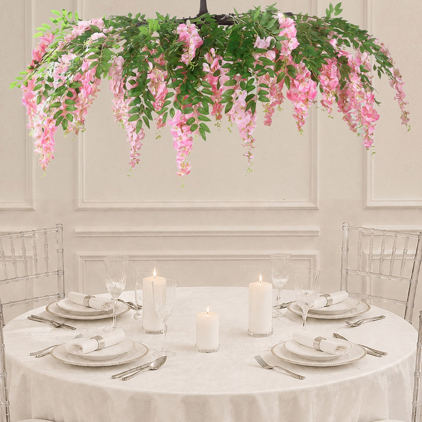 55" Artificial Silk Wisteria Vine Round Hanging Canopy Pink in & Dusty Rose, Draping Garland Flower 