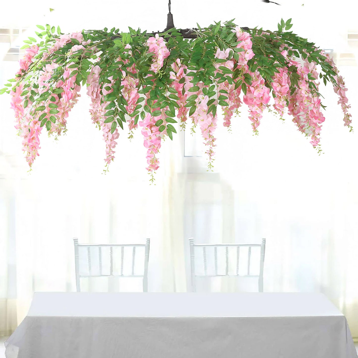 55" Artificial Silk Wisteria Vine Round Hanging Canopy Pink in & Dusty Rose, Draping Garland Flower Chandelier With Interchangeable Branches