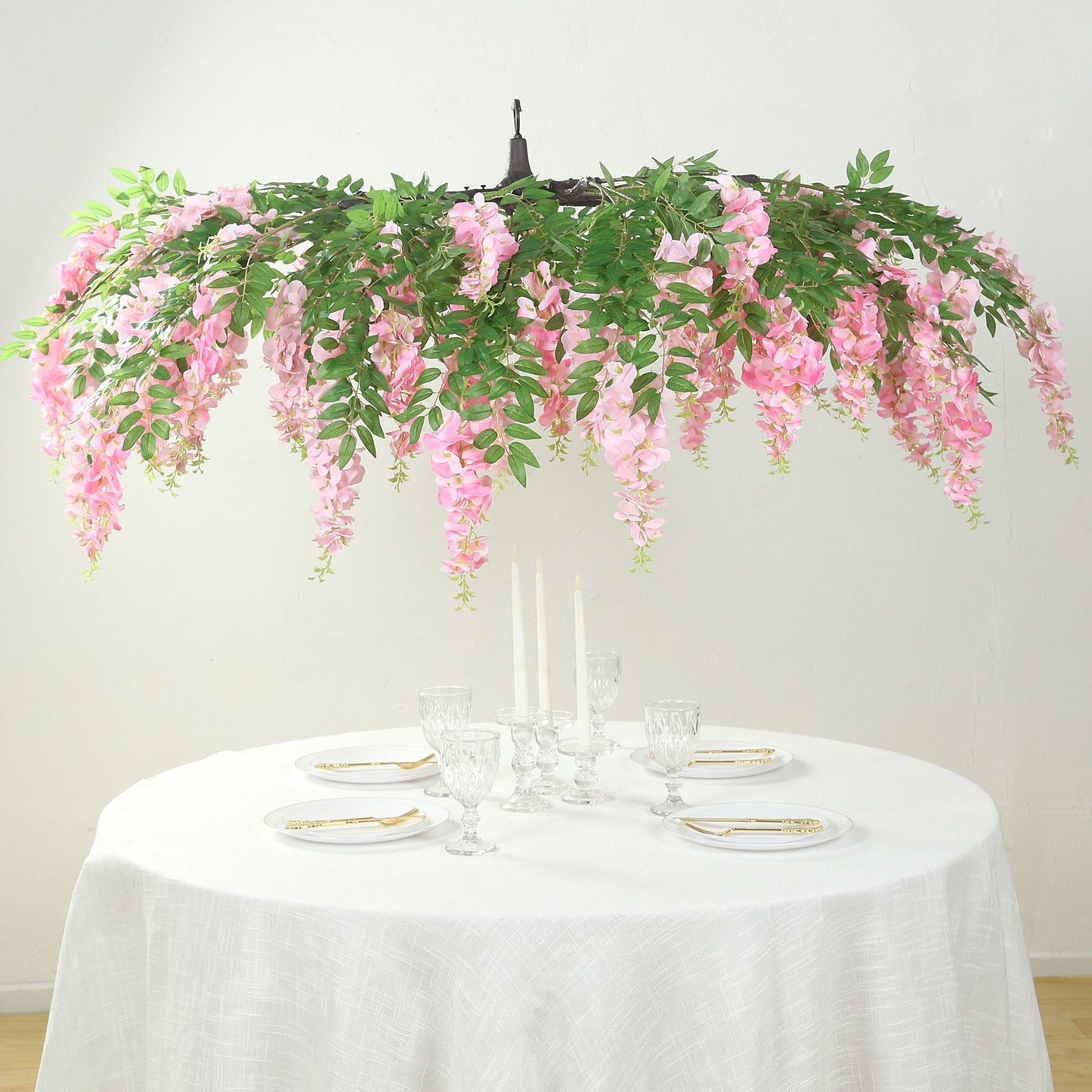 55" Artificial Silk Wisteria Vine Round Hanging Canopy Pink in & Dusty Rose, Draping Garland Flower Chandelier With Interchangeable Branches