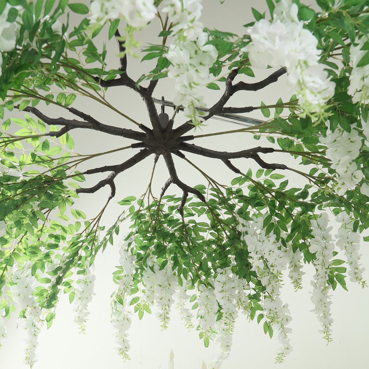 55" White Artificial Silk Wisteria Vine Round Hanging Canopy, Draping Garland Flower Chandelier With Interchangeable Branches