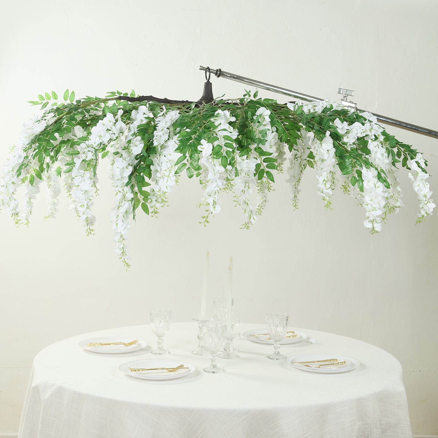 55" White Artificial Silk Wisteria Vine Round Hanging Canopy, Draping Garland Flower Chandelier With Interchangeable Branches
