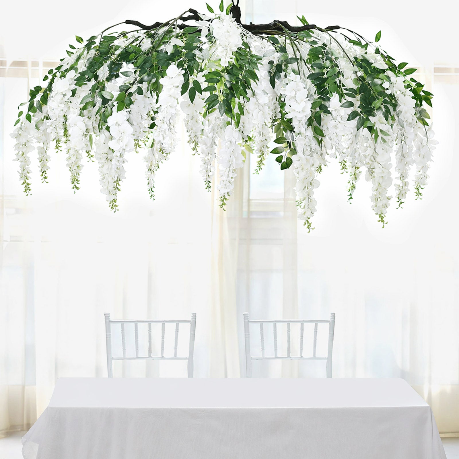 White artificial silk wisteria vine hanging canopy chandelier.