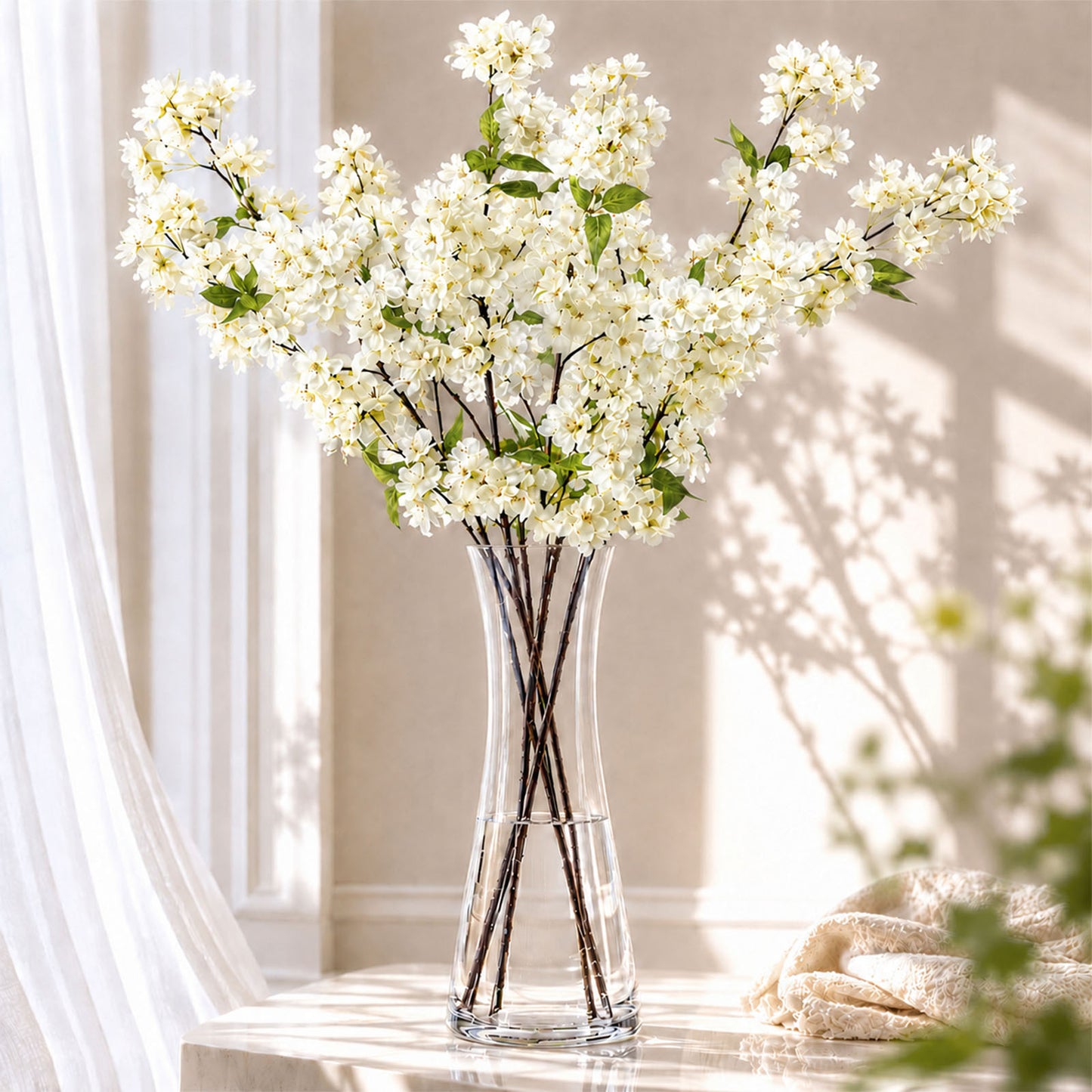 4 Stems Artificial Silk Cherry Blossom Flower Branches Cream – 40" Tall