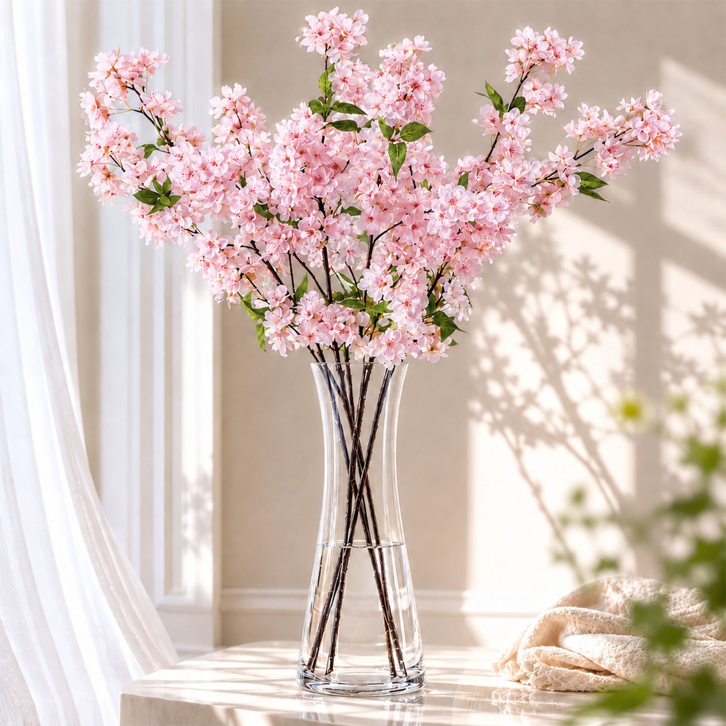 4 Stems Artificial Silk Cherry Blossom Flower Branches Pink – 40" Tall