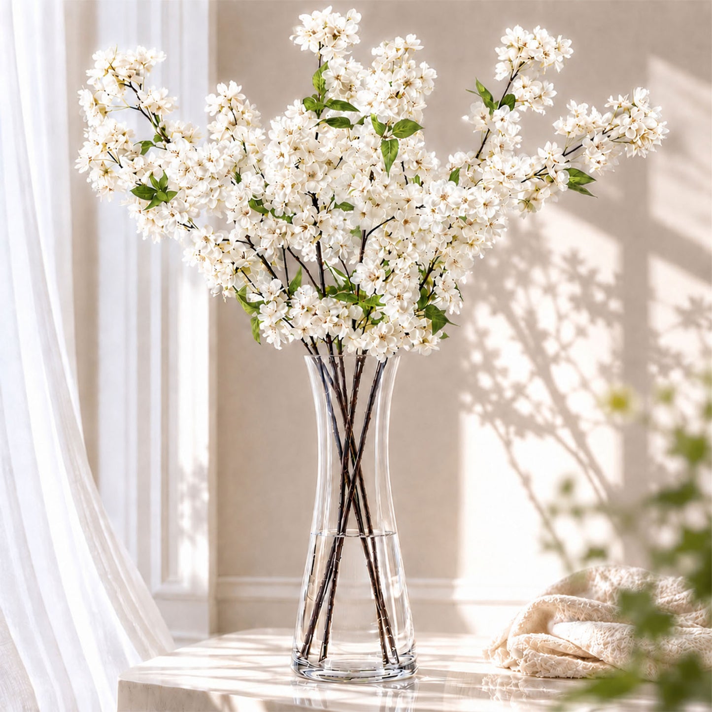 4 Stems Artificial Silk Cherry Blossom Flower Branches White – 40" Tall