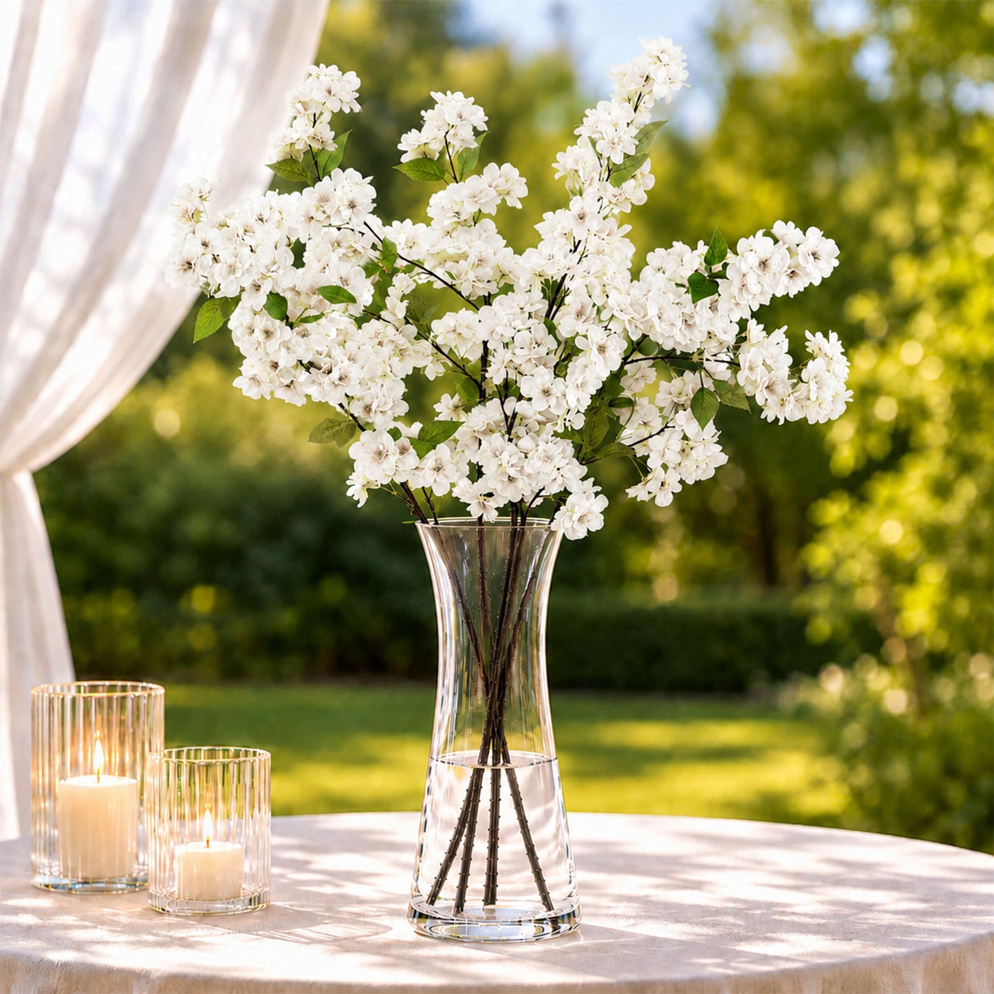 4 Stems Artificial Silk Cherry Blossom Flower Branches White – 40" Tall
