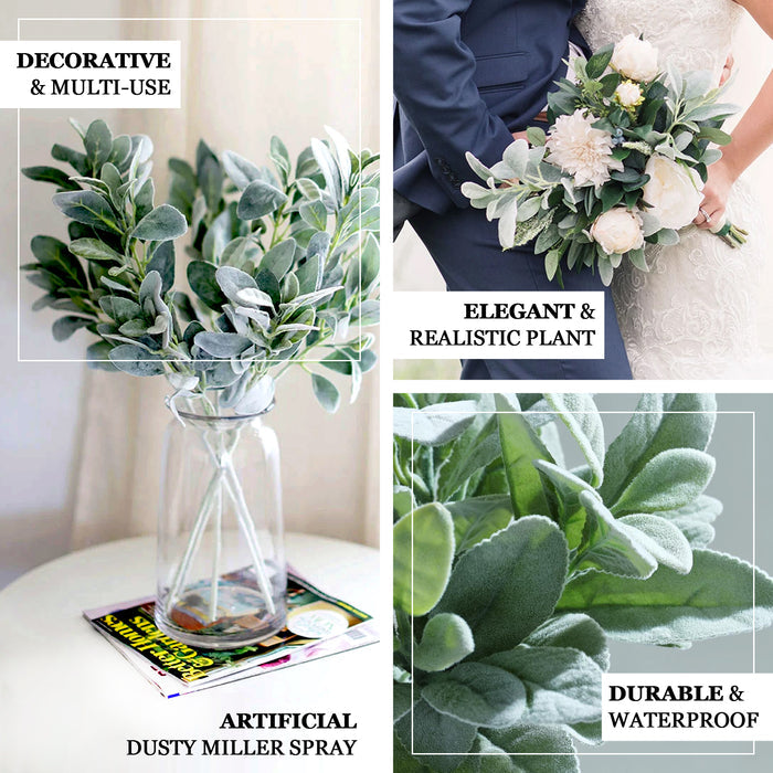 Frosted green artificial lambs ear leaf faux bush in a glass vase.