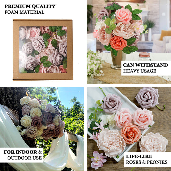 Assorted color artificial flowers in a box, including roses and peonies.